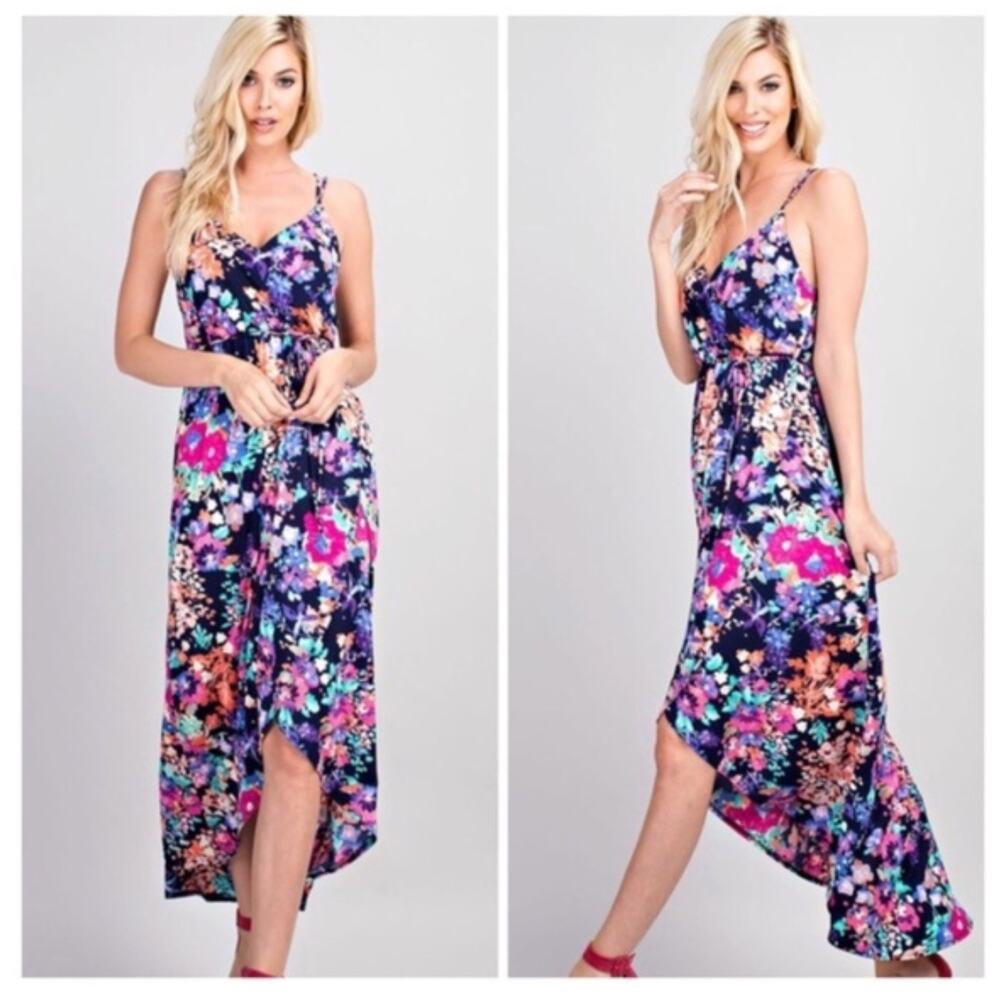 1. 4. 3. STORY Dress Large Floral Hi Low Faux Wrap Criss Cross